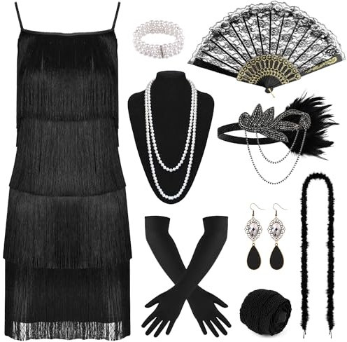 PLULON 12-teiliges Flapper-Gatsby-Kleid im Stil der 1920er-Jahre mit Pailletten, Perlen und Fransen und 20er-Jahre-Accessoires-Set. Brüllende 20er-Jahre-Kostüme für Damen