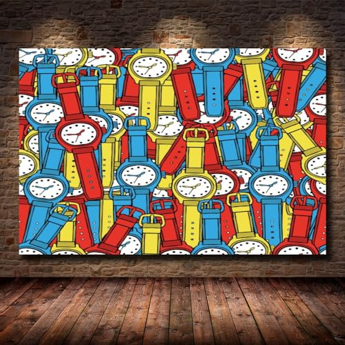 RAPSANI Kunstdrucke 1 Teilig Bilder Leinwand,leinwandbilder 1 teilig wohnzimmer dekoration,1 Teilig Wanddekoration Graffiti,Bild Bilder auf Leinwand 1 teilig Poster,Cartoon-Uhr,wandbild xxl 60x90cm