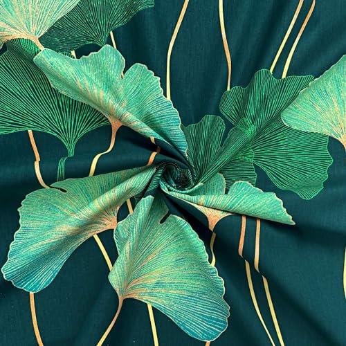 Textrend Baumwollstoff Stoffe Meterware - Stoff zum Nähen - Baumwollstoff mit Blättern - Textilien 1x1.6m - Stoffe Meterware (Grüne Ginkgoblätter auf dunkelgrünem Hintergrund)