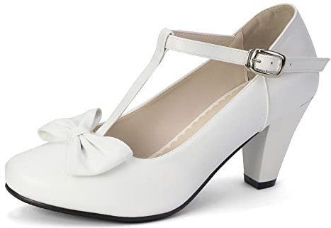 elerhythm Damen Mary Jane Vintage T-Strap Heels mit Schleife Gatsby 1950er Pumps Closed Toe 1920er Jahre Victorian Sweet Ankle Elegante Bequeme Formale Dressy Schuhe (Weiß EU39)