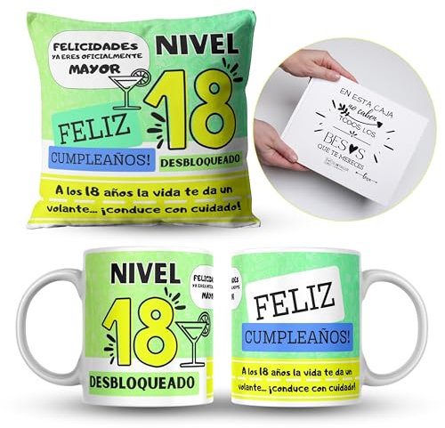 ETKR - Regalo 18 Cumpleaños - Regalo Original Cumpleaños - Regalos Personalizados para Chica y Chico Adolescente - Regalos Divertidos - Taza + Cojín con Relleno - Diseño 18 Años - Mayoría Edad