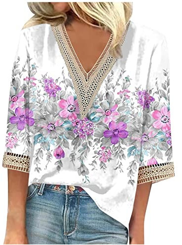 Generic Tunique Femme Chic Et Elegant Dentelle Tunique Grande Taille Rose 3XL Manche 3/4