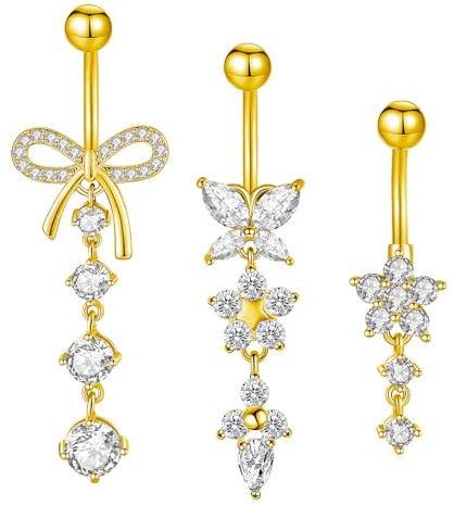 Besyvvin 3er Bauchnabelpiercing Gold 10mm Schmetterling Blume Bauchpiercing Piercing Bauchnabl Schmuck Chirurgenstahl Damen