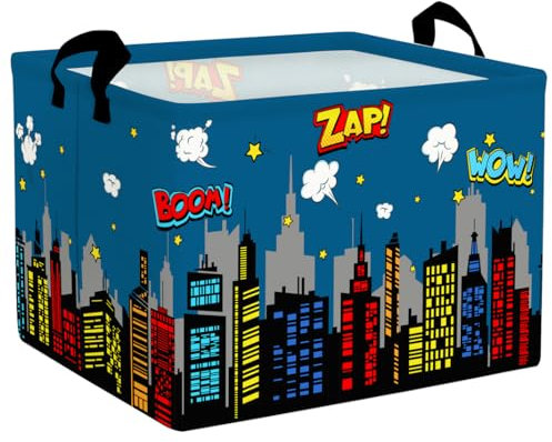Clastyle 36L Groß Stadt Skyline Held Gebäude Aufbewahrungskorb mit Henkel Rechteckig Spielzeug Kleidung Aufbewahrungsbox für Kinderzimmer Bad