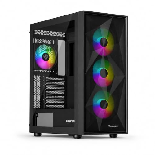 Genesis Diaxid 605 ARGB PC Gehäuse ATX Midi Tower Schwarz, Gaming PC Case mit Glasfenster, Mesh Front, USB-C, 4X 120mm ARGB Lüfter, Hub, Tempered Glass, für ATX Micro-ATX Mini-ITX