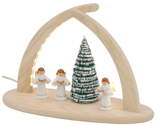 Seiffener Volkskunst | Fensterbeleuchtung Weihnachtsbeleuchtung | LED Spitzbogen Weihnachtsbogen Schwibbogen Lichterbogen | Weihnachtsdeko aus dem Erzgebirge | 29x21 cm | Engel weiß mit Buch