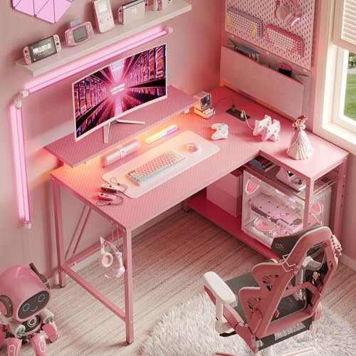 Bestier Pink Computer Desk with Power Outlets,42 LED Small Gaming Corner Desk with Reversible Storage Shelves,L Shaped Desk with Headset Hooks Studying and Workstation Desk for Office and Bedroom