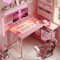 Bestier Pink Computer Desk with Power Outlets,42 LED Small Gaming Corner Desk with Reversible Storage Shelves,L Shaped Desk with Headset Hooks Studying and Workstation Desk for Office and Bedroom