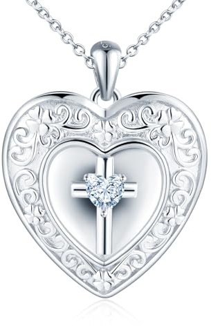 MICMIF Médaillon de Cœur avec Croix en Argent 925 Collier Femme Personnalisé Photo Médaillon Croix avec Oxyde de Zirconium Pendentif Porte Photos Chaîne 45+5cm Collier Bijoux Femme