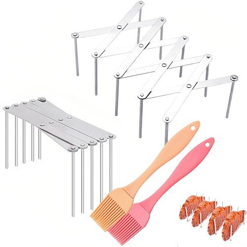 BBQ-Halter aus Edelstahl, 2 Stück, verstellbar, einziehbar, Rack für Rippchen, Deckelhalter, Grillablage für die Zubereitung von Rippchen oder Braten mit 2 Silikonbürsten