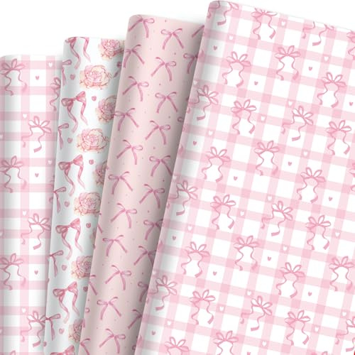 Geschenkpapier mit rosa Schleife, 50,8 x 68,6 cm, rosa Schleife, Geschenkpapier I Love You, Kunstpapier für Valentinstag, Hochzeit, Geschenkverpackung, 12 Bögen