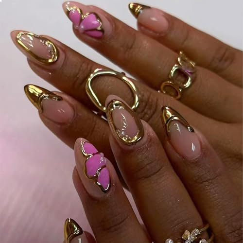 GlamRays 3D Almond Press on Nails Medium Handmade False Nails With Gold Charms Pink Butterfly Designs French Acrylic Nails Press ons Almond Shaped False Nails