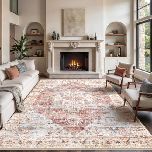 XSIVOD Orange Area Rugs for Living Room, Washable Large Rugs for Bedroom, Non Slip Vintage Rugs for Dining Room Office, Soft Low Pile Floral Rug Accent Floor Carpet for Home Decor, 240 x 300 cm