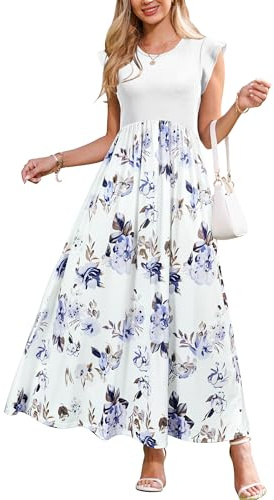 OUGES Summer Dresses for Women UK Ladies Maxi Sleeveless Ribbed Wedding Casual Long Dress with Pockets-L