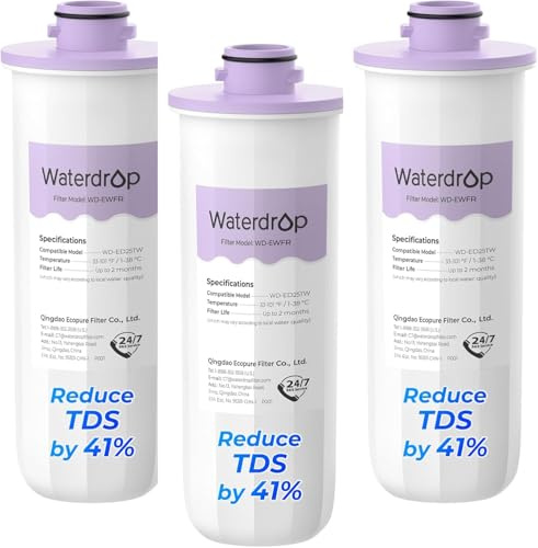 Waterdrop EWFR Ersatzfilter für ED25TW Elektrische Filterkanne | 2 Monate, 5-Stufig, Reduziert 20+ Stoffe und TDS um 41 %, Erhält Mineralien, Verbessert Geschmack, 3er-Pack