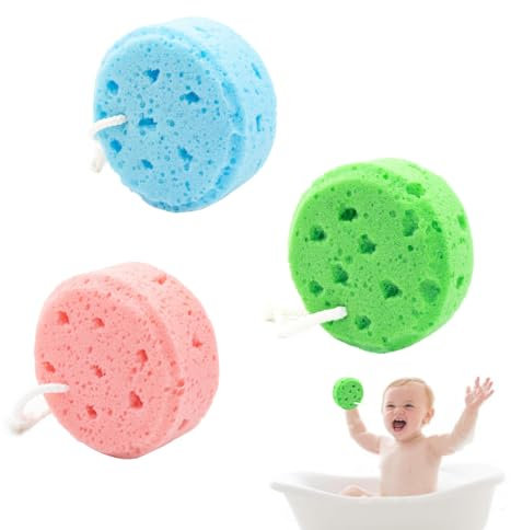 Éponge Bébé Bain Douce Fleur de Douche - 3 Pack Éponge Lavante Rondes (Bleu, Rose, Vert) - Eponge Naturelle pour Bébé et Enfant