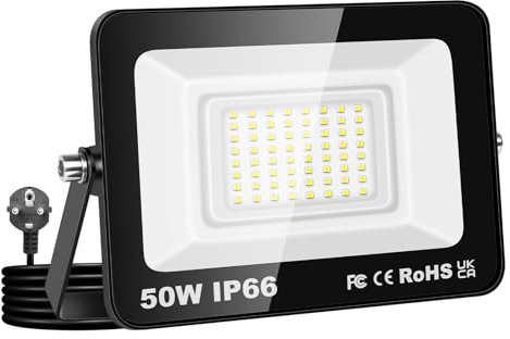 Willpower Foco LED Exterior Interior Proyector LED 50W 5,000LM Focos de Luz 6000K Blanco Frío IP66 Luz de Inundación Iluminación para Garaje Patio Jardín Terraza Parque Trabajo, con Enchufe