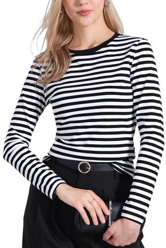 Allegra K Striped Shirt for Women's Long Sleeve Cotton Crew Neck Fitted Tee | Striped Shirts, Long Sleeve, Cotton, Crew Neck, Fitted Tees, Basic Blouse, Casual, Trendy Outfits