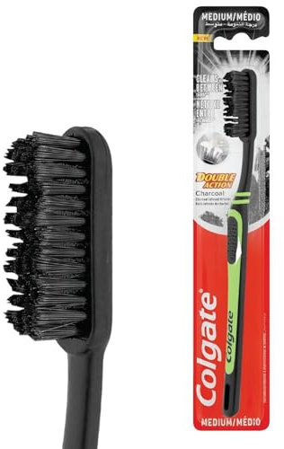Colgate Cepillo de Dientes Carbón Activado Medio Pack de 12 Unidades para Adultos | Acción Doble con Cerdas en V y Limpia Lengua | Cepillo Dental Manual Blanqueador Suave y Eficaz