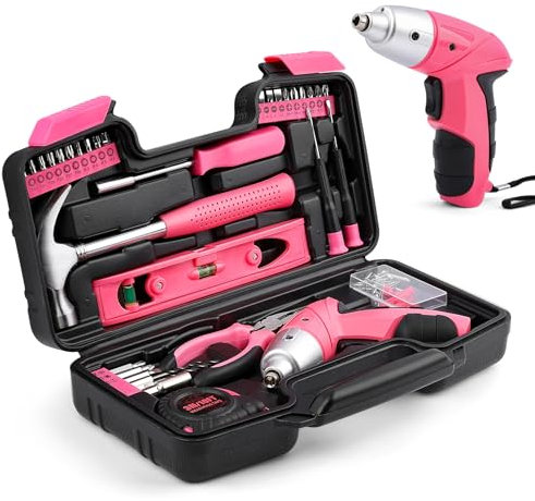 Electric Screwdriver Tool Set 112PCS, Home Tool Kit with 3.6V Small Power Cordless Screwdriver for Women, Pink