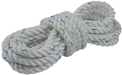 Polyesterseil 14mm 3‑litzig gedreht – UV‑ & wetterfest, reißfest – für Boot, Garten, Camping, Industrie, Landwirtschaft, Outdoor, DIY – Made in Germany (Weiß Kf. blau, 30m - (lfm.) - ohne Spule)