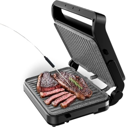 Cecotec Elektrogrill Rock'nGrill 2000 PerfectCook. 2000 W, Temperaturfühler, Touch-Steuerung, Dual-Temp, Öffnung 105 °C, Fettauffang, abnehmbare Platten, 30x23 cm, Edelstahl