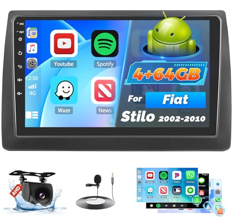 Roinvou 4+64G Autoradio Android 15 für FIAT Stilo 2002-2010 Wireless Carplay Android Auto, Touch Screen Radio 9 Zoll Bildschirm WiFi GPS Bluetooth 32EQ FM/RDS SWC Rückfahrkamera
