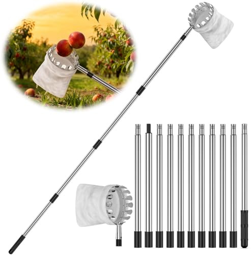 YSINOBEAR 13.8ft Fruit Picker,Stainless Steel Apple Picker with Telescopic Handle,Fruit Picker Tool with Lightweight Connecting Pole and Fabric Bag,Easy to Assemble,Tree Picker for Orange Etc (A)