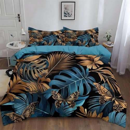 Funda Nordica Reversible Cama 90/105 Monstera de Hoja de Palma 3D Funda Nórdica Edredon 180x220 cm con 2 x Fundas de Almohada 3 Piezas Ropa de Cama de Microfibra Suave, Azul Dorado a.1830