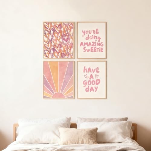 Shuqio 4er Set Ästhetische Rosa Wandbilder & Kunstdrucke | Pastellfarbene Motive (Herzen, Sonnenstrahlen) für Wohnzimmer & Schlafzimmer, Ästhetik Deko Ohne Rahmen (30x40 cm)
