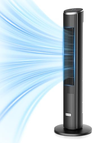 Ateroll Leiser Turmventilator für Schlafzimmer, Standventilator mit Fernbedienung, 90° oszillierend, 4 Geschwindigkeiten 3 Modi 12H Timer LED-Anzeige, 91 cm Elektrischer Kühlventilator, Schwarz
