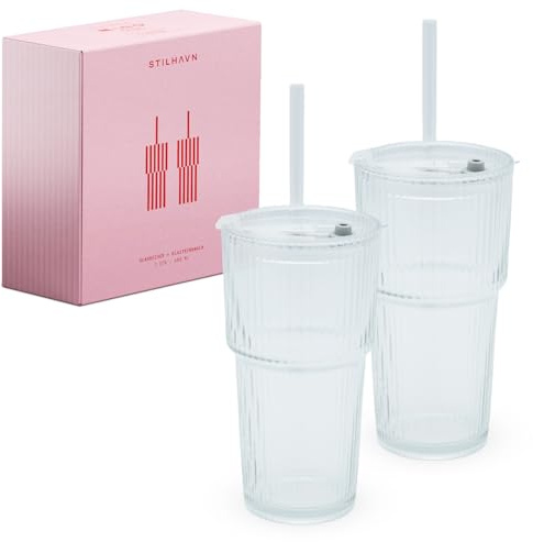 2er Set Glasbecher mit Deckel & Strohhalm | 600 ml geriffeltes dickwandiges Glas | Eiskaffee- & Smoothie-Gläser | inkl. 2 Strohhalme & Reinigungsbürste | Spülmaschinengeeignet | wasserdicht