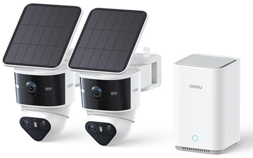 aosu T2 Pro 3K Caméra de sécurité extérieure Solaire sans Fil Kit 2 Caméras | Double Objectif 3K, Angle Mort Éliminé, 170°+360° PTZ, IA, Zoom 8x, Stockage 1To Extensible, Idéal Pour Maison Et Jardin