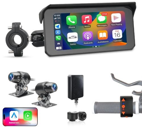 VSYSTO Motorrad Carplay Bildschirm, Kabelloses Carplay und Android Auto mit Vorne Hinten 2K, 6.25 Zoll Wasserdichter Touchscreen mit GPS Navigation, 5G-WLAN, BT, Parkmodus, TPMS(Schwarz2K)
