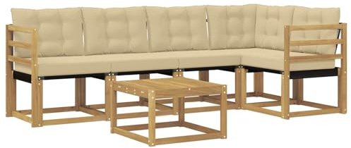 vidaXL Outdoor-Sofagarnitur mit Kissen 6 pcs Weiß und Beige, Akazien Outdoor Sofa Set, modische Möbel für Terrasse, wetterfester Couch, entspannende Sitzgruppe im Garten
