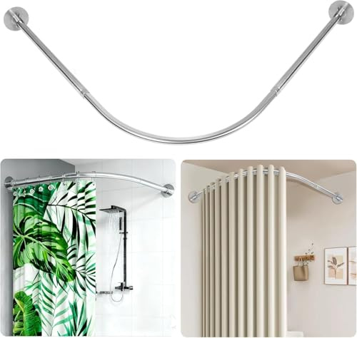 KINGSOW L-Shaped Shower Curtain Rail: Adjustable 90-130 x 90-130 cm, Silver | Corner Curved Shower Pole, 0.9MM Stainless Steel Pure Shower for Awkward Bathroom