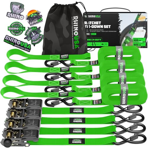 Cinghie a Cricchetto Rhino USA (4-Pack) - 2.5 cm x 4.6 m (800 kg di Resistenza alla Rottura) - Ganci a S di Sicurezza - Cinghie Premium per Camion, Carichi, Traslochi, Elettrodomestici - Verde