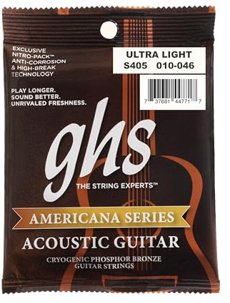 GHS Americana – Acoustic Guitar Strings – Cryogenically Treated – Brass-Plated Core – Warm, Bright, Long-Lasting Tone – USA Made – Nitro-Pack Fresh Sealed – Model S405 – Extra Light Gauge – 10-46