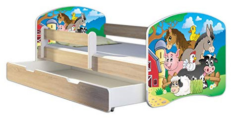 Kinderbett Jugendbett mit einer Schublade und Matratze Sonoma mit Rausfallschutz Lattenrost ACMA II 140x70 160x80 180x80 (34 Farm, 180x80 + Bettkasten)