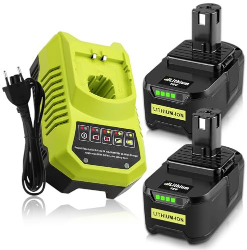Moticett 2X 18V 5.5Ah (mit Ladegerät) Ersatz für Ryobi Akku + Ladegerät 9.6V-18V 3A für Ryobi One+ P106 P107 P108 P100 P102 P103 P105 Self-Led