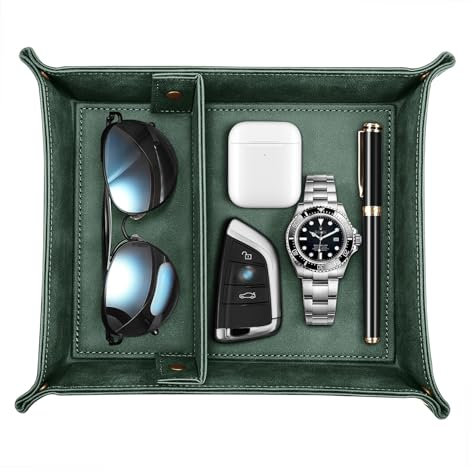 SITHON PU Leather Tray, Desktop Storage Organiser with 2 Compartments– Catchall Tray Bedside Vanity with Removable Dividers, Store Keys, Wallet, Phone, Glasses, Coin, Jewelry (Z-Dark Green)