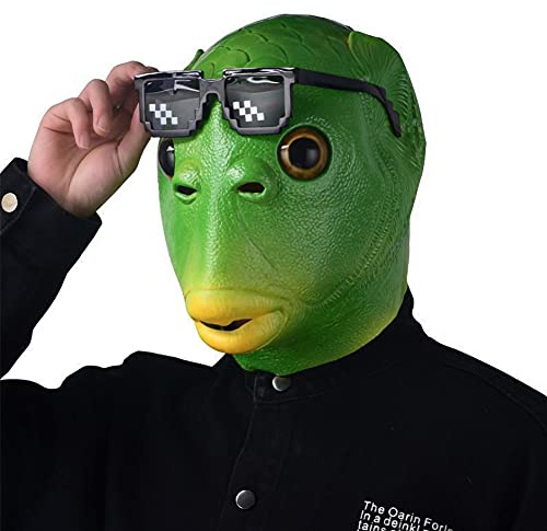 Maschera di Pesce Verde, Testa Animale Realistica in Lattice, Copricapo Con Occhiali Divertenti, Costume di Carnevale e Halloween