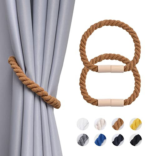Pretty Jolly 2 Stück Magnetische Vorhang Raffhalter aus Holz, Boho, Heimdekoration, drapierte Raffhalter, handgefertigt, Baumwollseil, Vorhanghalter für Zuhause und Büro, Fenstervorhänge (Kaffee)