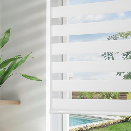 Joydeco Mini-Zebra-Jalousien für Fenster, 88,9 cm breit, Weiß, durchscheinend, Sichtschutz, Lichtfilterung, zweilagig, Rollos für Schiebetür