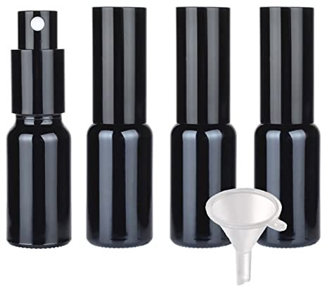 TIANZD 4 Pieces Empty 20ml Black Glass Spray Bottle, Fine Mist Spray Bottles with Black Sprayer and Metal Cover for Perfume, Aromatherapy, Refillable Travel Cosmetic Containers, 1x Funnel