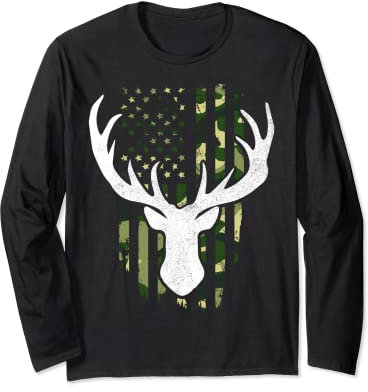 Lustige amerikanische Flagge Weißschwanz Elch Jagdbekleidung Herren Langarmshirt