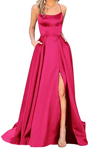 Hahaemma Robe Longue Élégante en Satin pour Femme - Ligne A, Dos Nu, Avec Poches - Parfait Comme Spaghetti, Princesse, Demoiselle d'Honneur - Framboise, XL