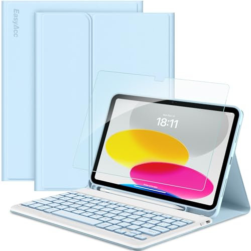 EasyAcc iPad 11 (A16) / 10 Generation Hülle mit Tastatur 11/10,9 Zoll 2025/2022 (A2757/A2777/A3356/A3355), Magnetisch Abnehmbarer mit Stifthalter Tastatur, Blau