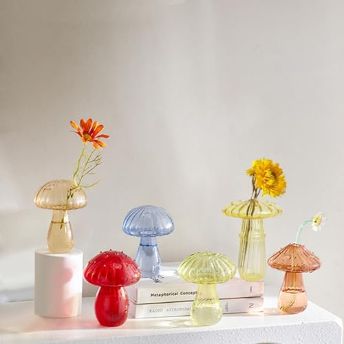BFYDOAA Farbige Glasvasen, 6 Stück, Mini-Pilz-Terrarium, Hydrokultur-Pflanzen-Anzuchtstation für Blumen, Schilfrohrdiffusor, Tischdekoration