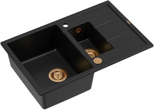 QUADRON Spülbecken Granit Granitspüle | Größe 78 x 50 x 22 cm, Farbe: Pure Carbon + Kupfer Pvd | MORGAN 116 Küchenspüle Doppelbecken-Spüle | Doppelbecken Küchenspüle mit Abtropffläche | mit Hahnloch